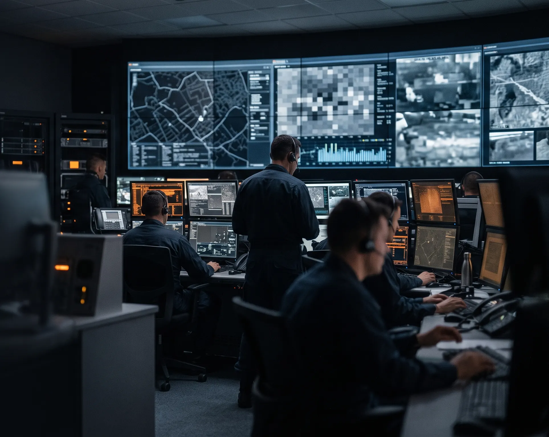 Operators in a command center in front of a video wall