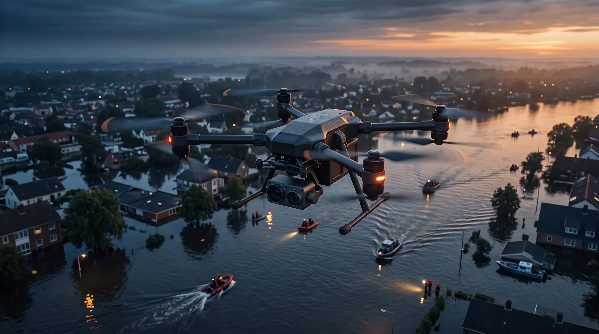 A drone surveying a flooded area