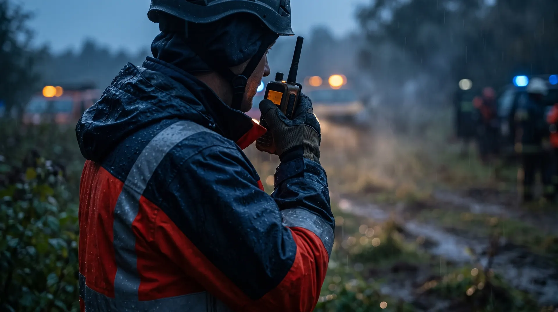 A responder speaking into a handheld radio
