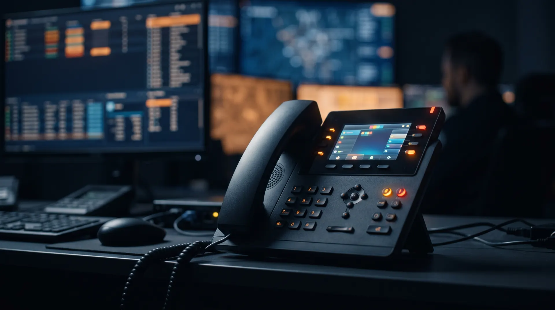 An IP desk phone on an operations desk