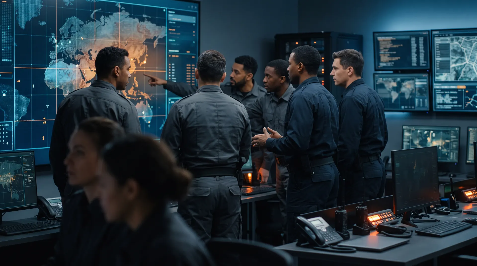 Officers from two nations in a joint operations room